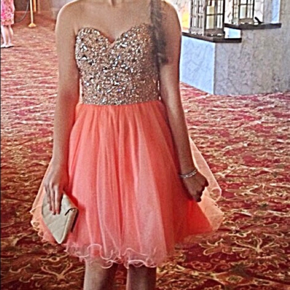 Coral Pink Studded Mini Prom Dress